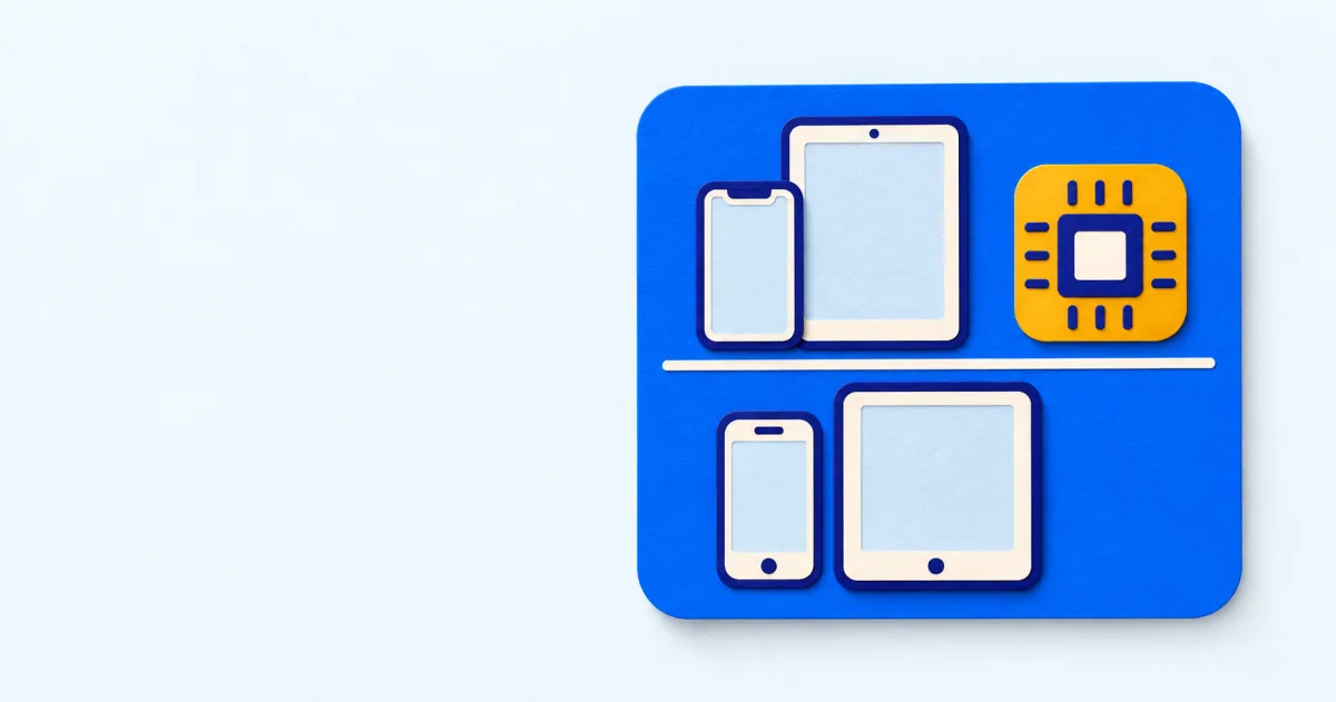 Смартфоны и планшеты рядом со встроенным чипом иллюстрируют поддержку eSIM Yota на устройствах.